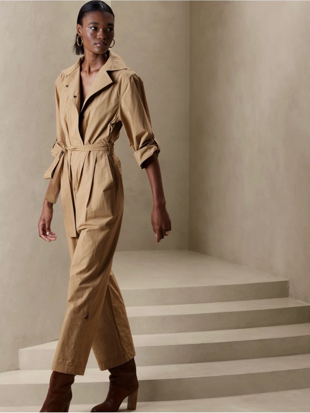 Banana Republic Khaki Cotton Utility Jumpsuit Women's XL Safari Classic